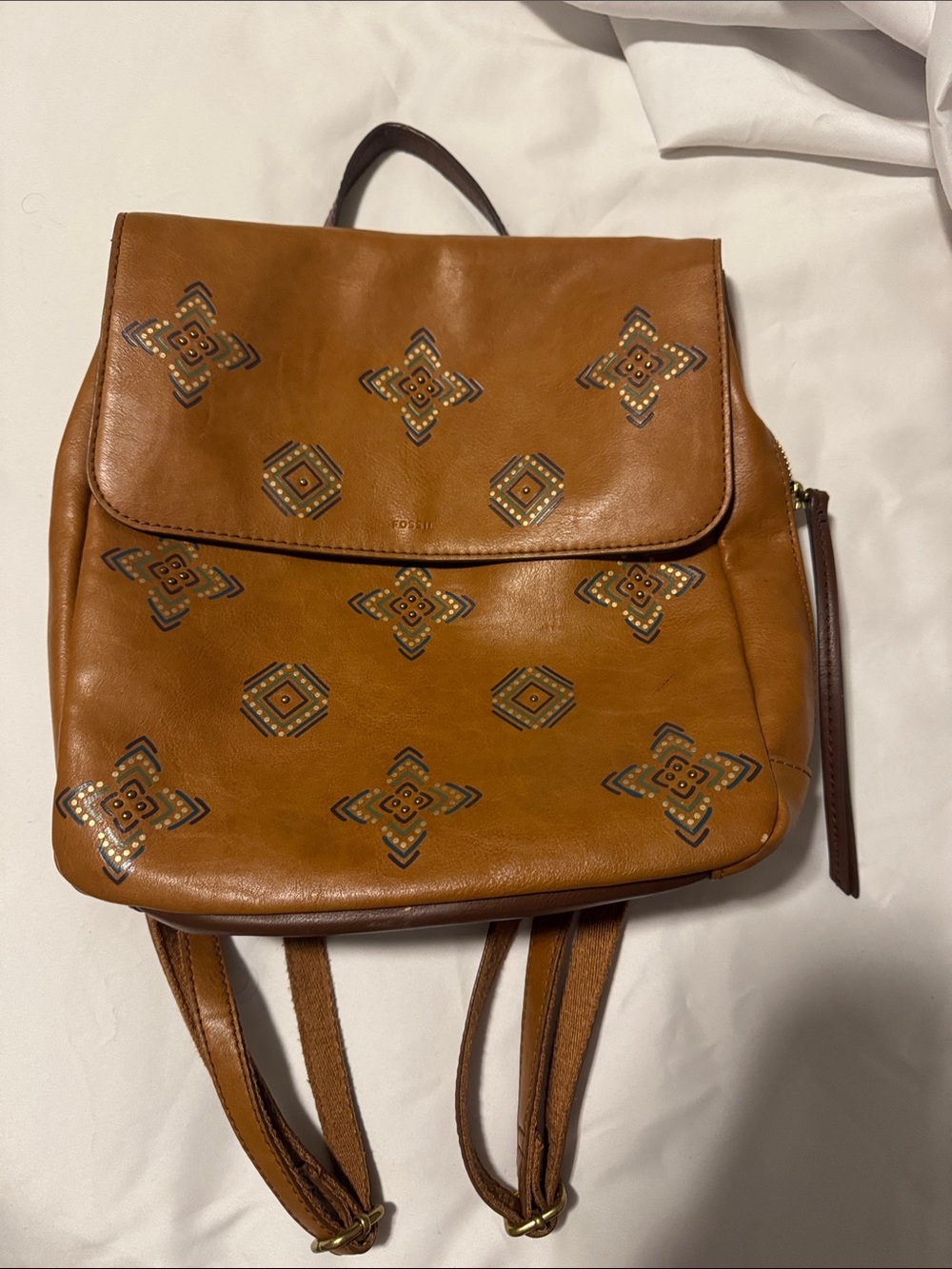 Fossil Cognac Leather Backpack with Blue Tassel
